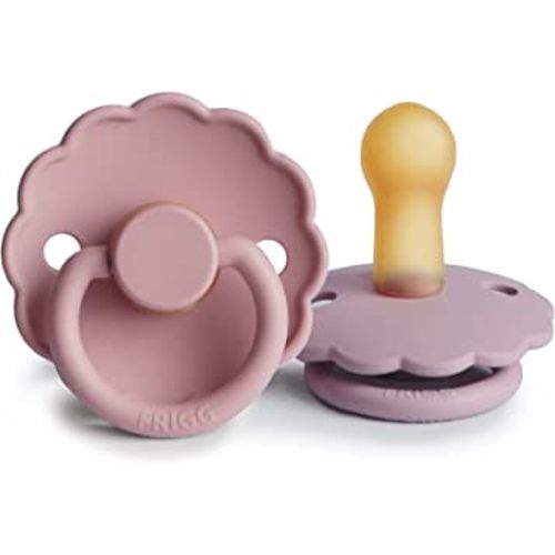 FRIGG Daisy Natural Rubber Baby Pacifier | Made in Denmark | BPA-Free (Baby Pink/Soft Lilac, 6-18 Months) 2-Pack