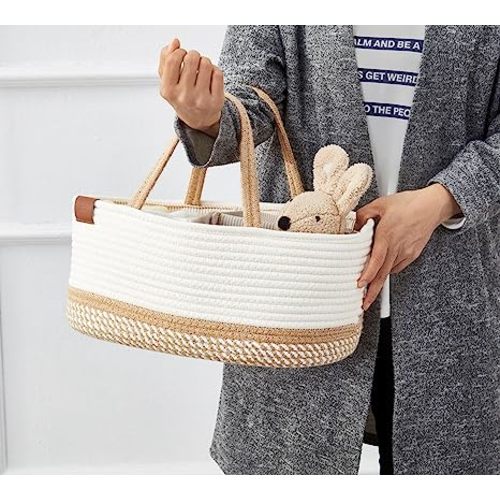 DECOMOMO Diaper Caddy Organizer | Baby Basket, Diaper Organizer for Changing Table, Newborn Baby Gifts for Boys Girl (Spiral Beige & White, Large)