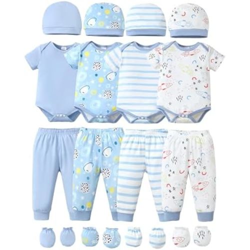 NZRVAWS Newborn Baby Boy Girl Clothes Unisex Infant Romper Pants Set Hat 4-Pack Outfits 0-12 Months 16 Pieces Toddler