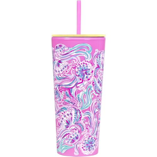 Lilly Pulitzer Pink Double Wall Insulated Tumbler with Reusable Flexible Straw, Holds 24 Ounces, Don't Be Jelly