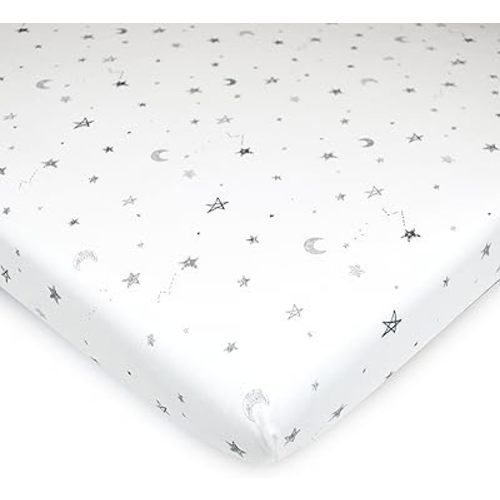 American Baby Company Printed 100% Natural Cotton Value Jersey Knit Fitted Pack N Play Playard Sheet, Grey Stars and Moon, Soft Breathable, for Boys and Girls
