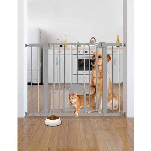 Babelio Baby Gate with Adjustable Cat Door,29-43" Auto Close Durable Pet door for Stairs,Doorways and House, Pressure Mounted,Easy Install,Effortless Walk Thru,Gray