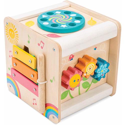 Le Toy Van - Wooden Educational Multi-Sensory Activity Cube with Spinning Wheel | Petilou Range Wood Baby Toy | Suitable for Boy Or Girl 2 Year Old + - Activity Cube Learning Set