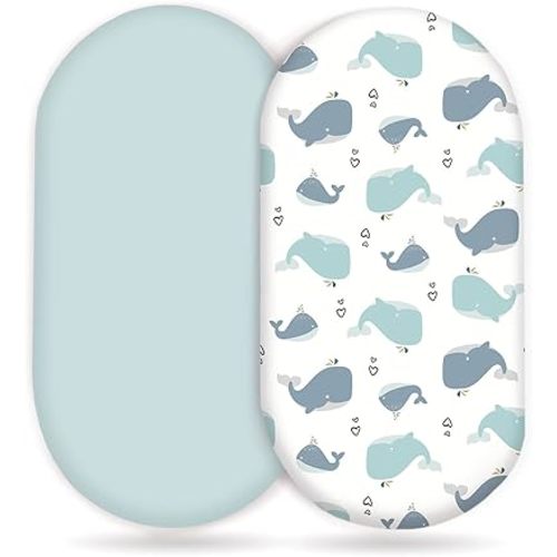 Stretchy Ultra Soft Fitted Bassinet Sheet Set 2 Pack, Universal Fit for Bassinets Baby Cradle Moses Basket Oval Rectangle Pad/Mattress, Lovely Whale Bassinet Sheets