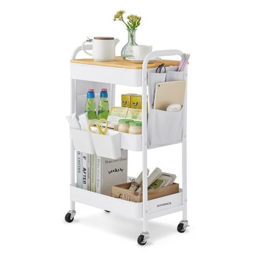 Songmics 3-tier Storage Cart, Rolling Utility Cart With Table Top, 2 Removable Hanging Cups, 6 Side Pockets, Craft Cart, Cloud White