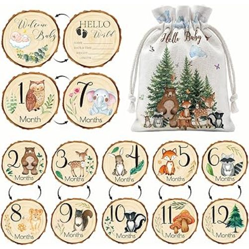 Uflashmi Woodland Baby Monthly Milestone Signs, 7Pcs Double Sided Wooden Months Baby Milestone Cards Markers for Girl Boy, Hello World Newborn Announcement Sign Photo Prop