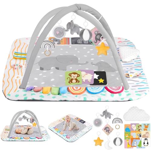 Baby Play Mat Activity Gym with Tummy Time Pillow, 6 Developmental Zones Tummy Time Mat, 6 Detachable Sensory Toys and Educational Cards, Essential Baby Shower Set, Grey Elephant