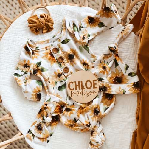 Savannah's Sunflowers Newborn Baby Knot Gown & Hat Set