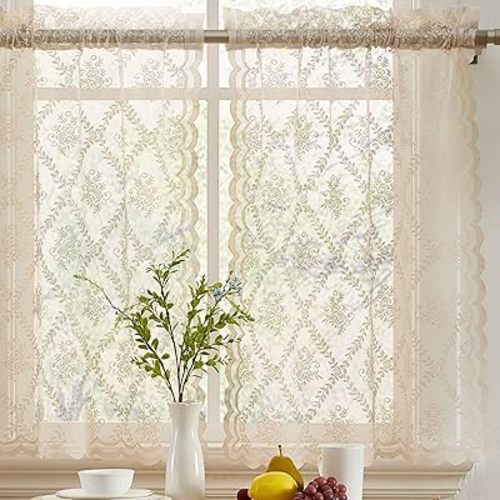 HLC.ME Isabella Floral Rod Pocket Lace Semi Sheer Voile Short Cafe Tiers for Small Windows - 28 x 36 Inch Length (Taupe Tiers, Set of 2)