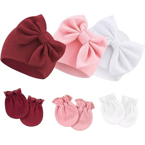 BQUBO Newborn Baby Hospital Hats Beanie Bow Infant Caps Baby Cotton No Scratch Mittens Set for 0-6 Months