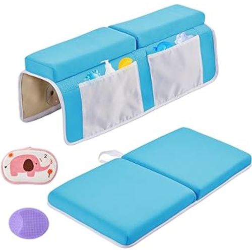 ILPEOD Baby Bath Kneeler and Elbow Rest Pad Set,Baby Bathtub Mat for Newborn Essentials Must Haves,Kneeling Pad with Soft Memory Foam and Bath Toy Organizer,Silicone Brush Bath Sponge,Blue