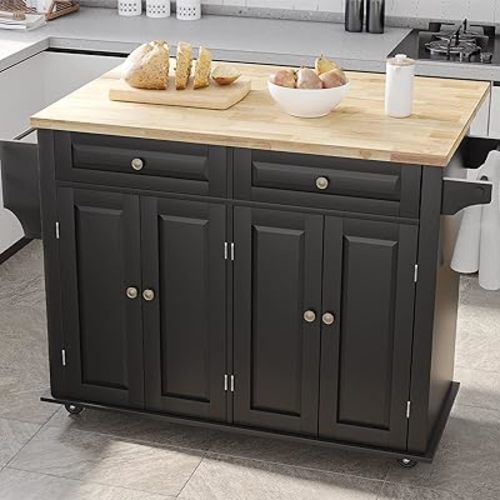 Rolling Kitchen Island with Drop Leaf – Movable Kitchen Carts on Wheels Island with Storage Cabinet, Island Table for Kitchen with Rubber Wood Top and Rack and Drawer, Matte, Black