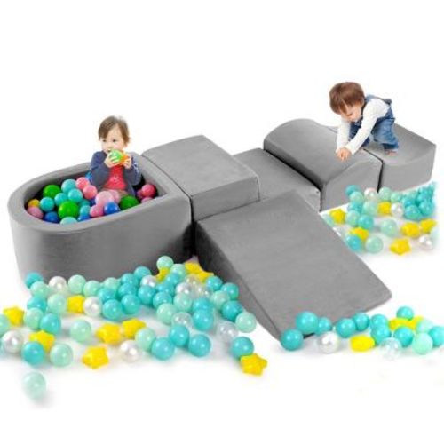 Costway 5PCS Climb and Crawl Playset with Ball Pit for Kids Zippers for Playroom Gray