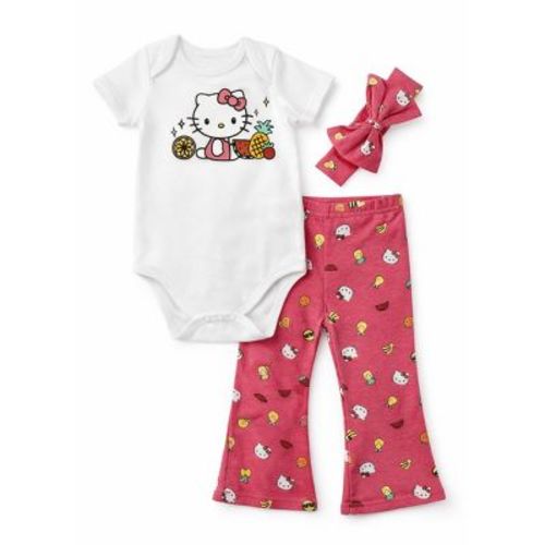 Hello Kitty Infant Girls' 3-Piece Bodysuit, Leggings and Headband Set, Red/Fruits, 12 Months