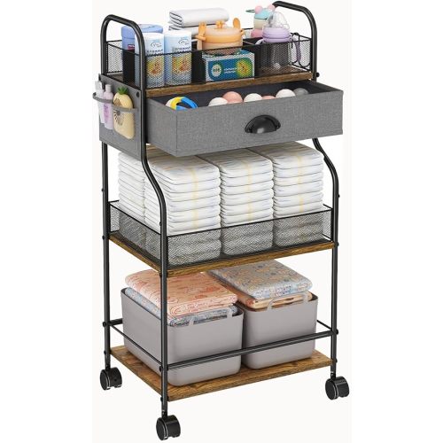 3-Tier Baby Diaper Caddy Cart Organizer with Drawer,Rolling Utility Cart & Bedside Nursery Essentials Cart for Newborn Baby Stuff, 2+1 Dividers, Baby Storage Organizer for Bedroom,Changing Table,Grib