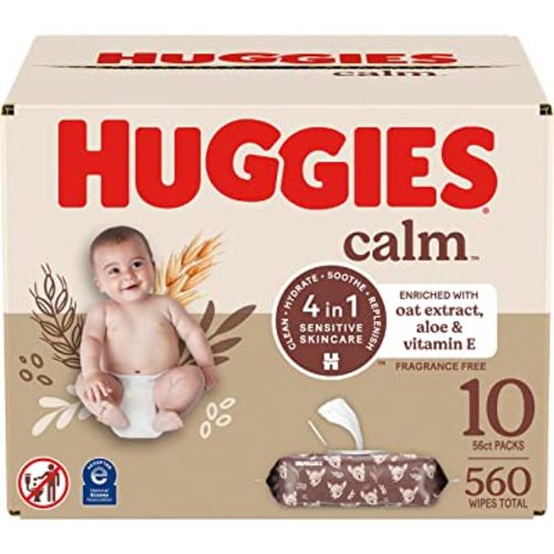 Huggies Calm Baby Diaper Wipes, Unscented, Hypoallergenic, 10 Push Button Packs (560 Wipes Total)