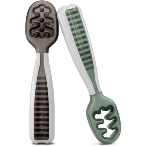 NumNum Baby Spoons Self Feeding 6 Months, 2-Pack Gray/Green