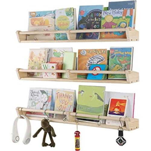 Nursery Bookshelves, 33inch ,Set of 3,Floating Nursery Shelves with 6 S Hooks, Wooden Floating Shelves for Baby Nursery Room Decor, Kitchen Spice Rack, Bathroom Pine
