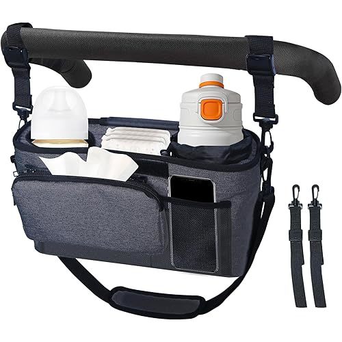 Stroller Caddy Organizer with Cup Holders, 2 Heightened Insulated Cup Holders, Non-Slip Secure Hooks Accessories,Stroller Caddy with Cup Holder, Universal Stroller Organizer with Cup Holder Dark Grey