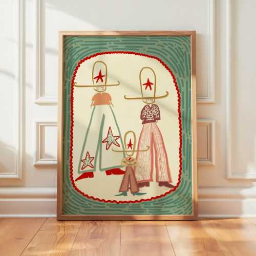 Cowboy Family Art Print, Western Style Illustration, Retro Minimal Line Drawing, Midcentury Cowboy Wall Art, Desert Boho Decor