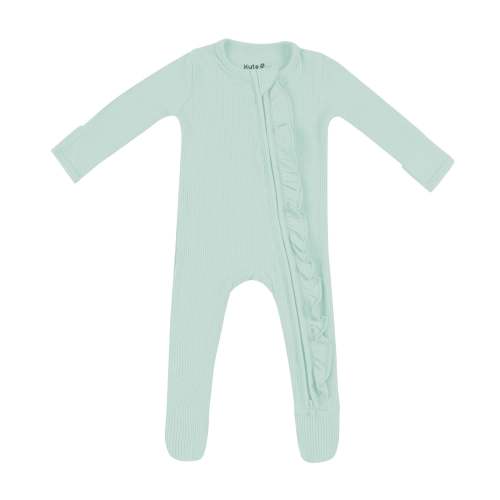 Ribbed Ruffle Zipper Footie in Sage