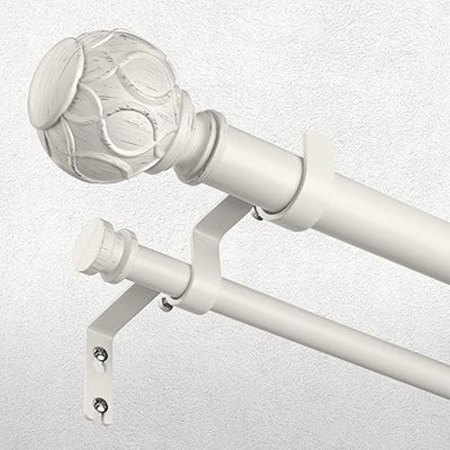 White Double Curtain Rod, 72 to 144 Inch Extra Long Dual Curtain Rods with Boho Netted Texture Finial, Decorative 1 Inch Adjustable Window Treatment Rods, Antique Vintage Farmhouse Double Drapery Pole