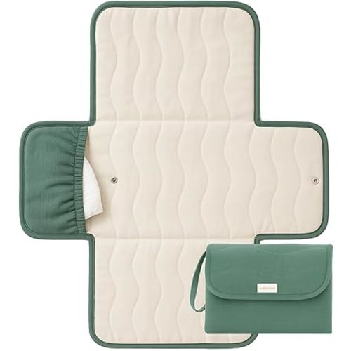Toddlekind Mini Maven Portable Changing Pad – Organic Cotton & Water-Resistant Polyester – Travel-Friendly, Foldable Change Mat – Forest Green Stripes with Wave Stitching – Chic, Durable, Easy Clean