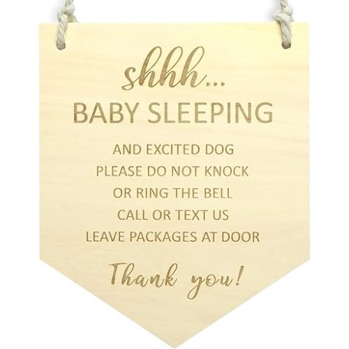 Baby Sleeping Sign for Front Door, Do Not Knock or Ring the Bell Sign, Wooden Door Hanger for Outside Porch Kids Room Nursery Boho Decor - Flag