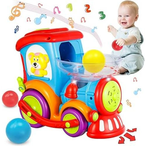 HISTOYE Toddler Train Toys for 1 2 3 Year Old Boy Girl Gifts, Crawling Baby Toy 6 to 12 Month,12-18 Months Baby Toys with 3 Popper Ball, Toddler Musical Toys Light Up Toys for 6 9 12 18 Months