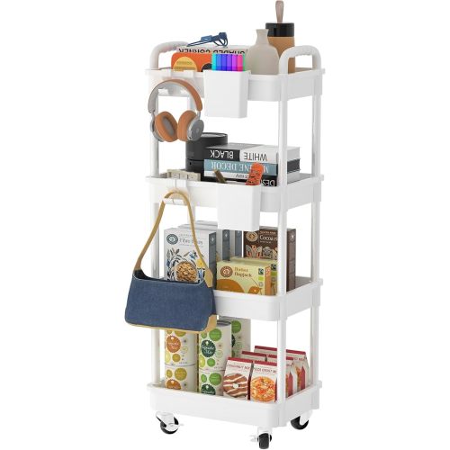 Utility Rolling Cart,Storage Cart with Lockable Caster Wheels,Storage Shelves Organizer,2 Hanging Cups and 4 Hooks,Easy Assembly,for Living Room Bathroom,Kitchen,Office (White, 4 Tier)