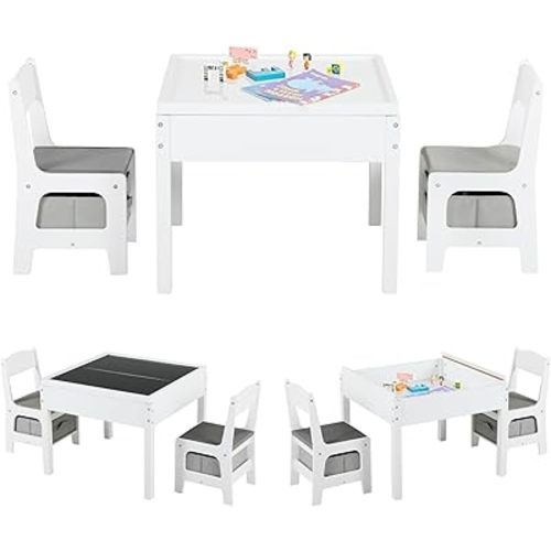 4 in 1 Kids Activity Wooden Table and Chairs Set with Storage Baskets Detachable Blackboard Includes 2 Seats and 1 Table for Playing,Reading,Drawing,Arts & Crafts and Entertainment (Gray)