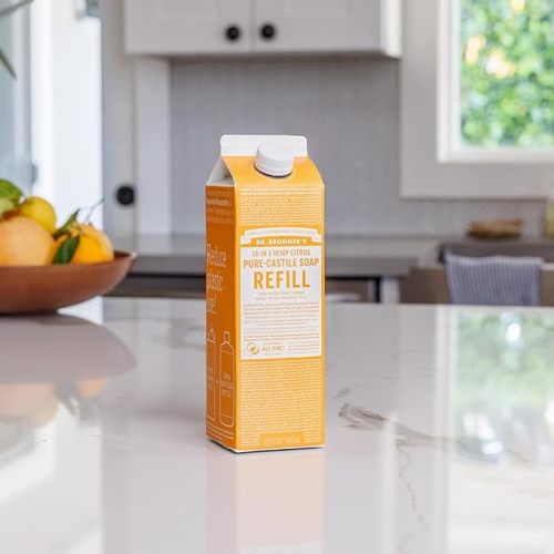 Dr. Bronner's - Pure-Castile Liquid Soap Bottle & Refill Carton Made with 82% Less Plastic (Citrus, 32 oz) - Face, Body, Hair, Laundry, Dishes & More, Super-Concentrated, Organic, Vegan, Non-GMO
