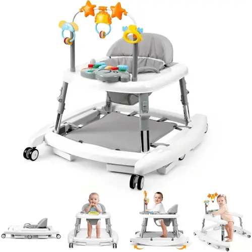 5-in-1 Music and Lights Baby Walker Foldable with 5 Adjustable Heights, Baby Walker with Wheels and Bouncer Combo Portable, Infant Toddler Walker for Baby Boy Girls 6-18 Months