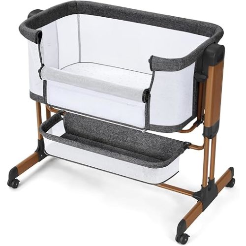 Ezebaby 3-in-1 Baby Bassinet, Rocking Baby Bassinets Bedside Sleeper, Adjustable Portable Crib for Newborn Infant with Wheels Storage Basket and Mesh Sides