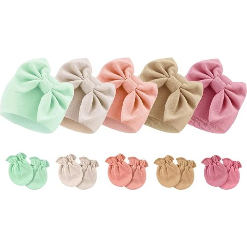 BQUBO Newborn Baby Girls Hats Mittens Set Hospital Hat Beanie Infant Bow Hats Baby Cotton Gloves No Scratch Mittens