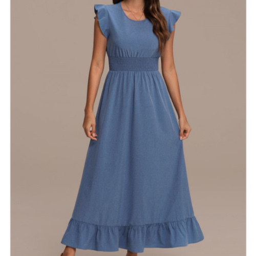 Blue V-Neck Flounce Sleeve Maxi Dress - Petallush