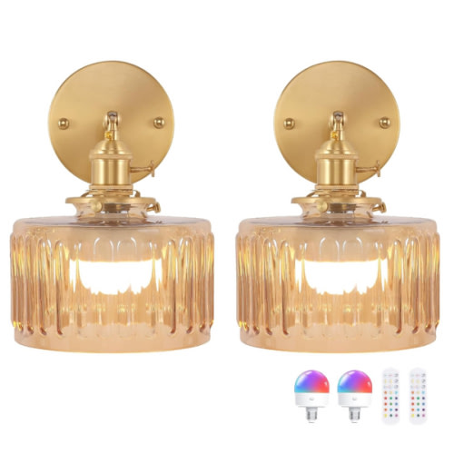 Vintage Battery Operated Wall Sconce with Amber Striped Glass Lampshade 5000 mAh Rechargeable Battery Powered Wall Light with Remote Control for Bedside Bedroom Doorway, Set of 2