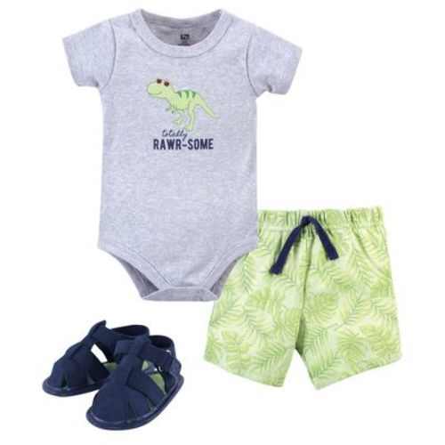 Hudson Baby Infant Boy Cotton Bodysuit, Shorts And Shoe 3pc Set, Rawr-some Dino, 0-3 Months