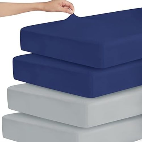 Stretchy Crib Sheets for Boys or Girls, 4 Pack Baby Crib Sheets Fitted for Standard Crib and Toddler Mattress 52" x 28", Soft and Breathable Fitted Crib Sheets Neutral, Grey & Navy Blue