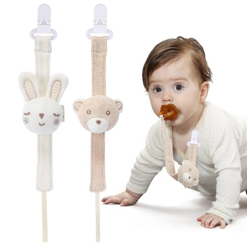 Pacifier Clip, 2 Pack Baby Pacifier Holder for Boys and Girls Fits Many Pacifiers & Baby Teething Toys, Ideal Baby Gift (Rabbit&Bear)
