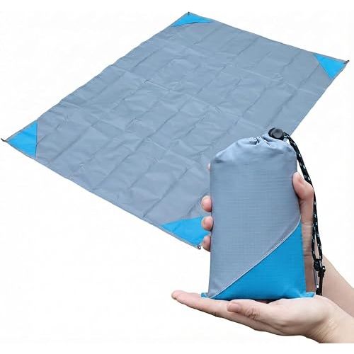 Orga'Neat Pocket Picnic Blanket, Beach Mat Waterproof Sandproof, Compact Lightweight Small Tarp for Camping, Hiking, Backpacking, Festival, Travel, Foldable in Bags (Grey/Blue, 55"x79")