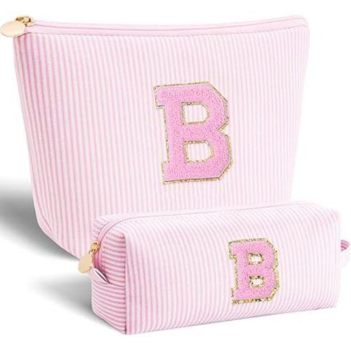 Bridesmaid Gifts Wedding Day - Bridal Shower Gifts,Maid of Honor Gifts,Initials Makeup Bag Set Cosmetic Bag - Pink,B