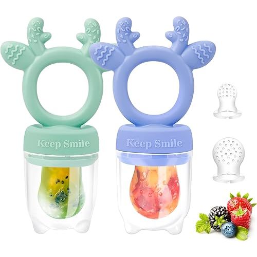 Baby Solids/Frozen Fruit Feeder Pacifier, Infant Teether Toy 4M+, BPA-Free Silicone Pouch & Nipple, Safely Introduce Solids, Teething Relief, 2-Pack (Deer - Green Purple, S/M/L)
