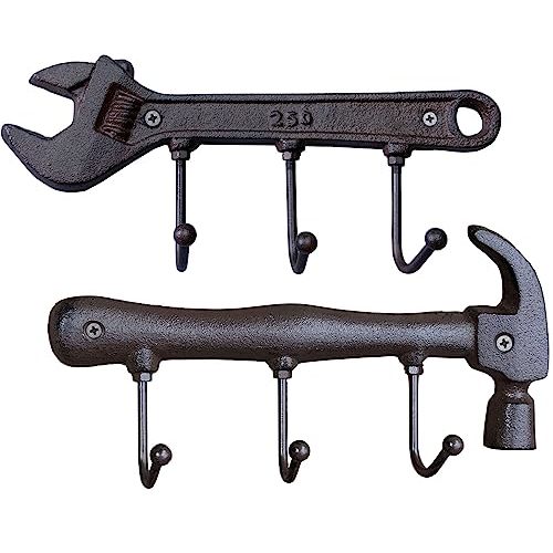 Set of 2 Wrench and Hammer Cast Iron Metal Wall Coat Hooks Hat Rack, Rustic Retro Vintage Wall Mounted Coat Rack Key Holder for Men's Workshop Garage Tools Holder Hook Wall Sign Decoration