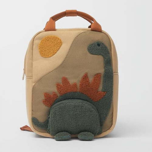Embroidered Sun Dinosaur Backpack | Small Canvas Bag with Long-Necked Dino Design | Machine Washable | Eco-Friendly Natural Materials | 10.23 x 7.87 x 3.14 in | Travel Outdoor Use