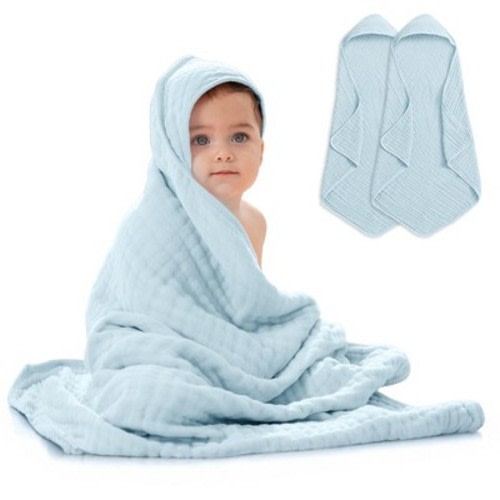 Comfy Cubs Hooded Baby Towels - 6 Layer, 100% Muslin Cotton - Large 32 x 32 Inch - 2-Pack, Sky Blue