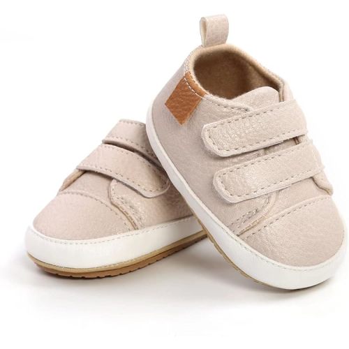 Baby Boys Girls Shoes Non-Slip Rubber Sole High-Top PU Leather Sneakers Infant First Walking Shoes Toddler Crib Shoes Newborn Loafers Flats - 0-6 Months Infant - Beige