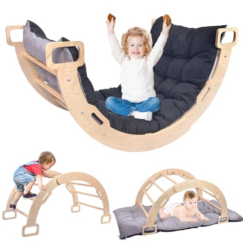 BIERUM Toddler Climbing Toys, Climber Arch Rocker, Montessori Wooden Arch Climber, Kids Climbing Arch with Two-Color Soft Cushion, Indoor Outdoor Climbing Natural