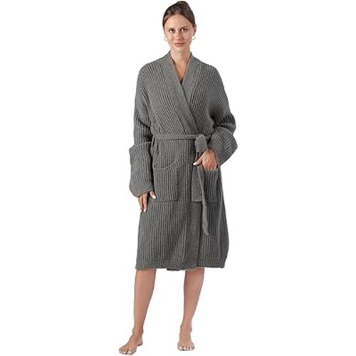 bearberry Cozy Robe Lightweight Soft Plush Robe Vertical Bar Hoodless Sleepwear Nightgown with Pockets for Women