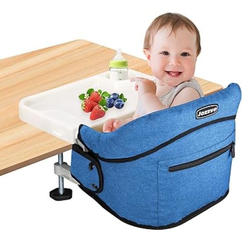 Hook On High Chair, Jozzve Clip on High Chair with Removable Dining Tray for Babies and Toddlers, Fold-Flat Storage Portable Baby Feeding Seat, Attach to Fast Table Chair for Home Travel (Bright Blue)